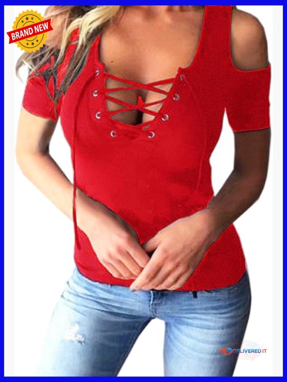 Cold Shoulder Lace Up V Neck Short Sleeve Tunic Tops Clubwear Plus Size